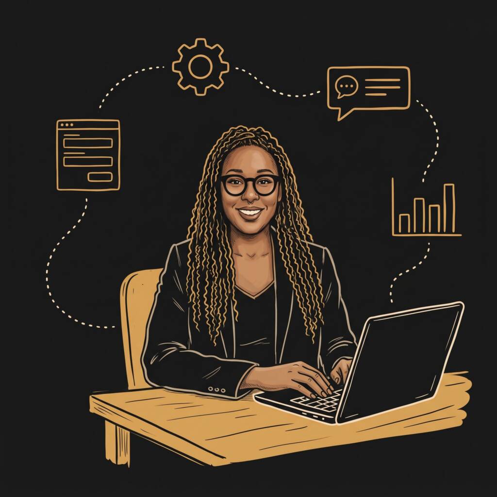 Illustration of Nicole Coleman, AI Automation Engineer, building workflow automation at her laptop